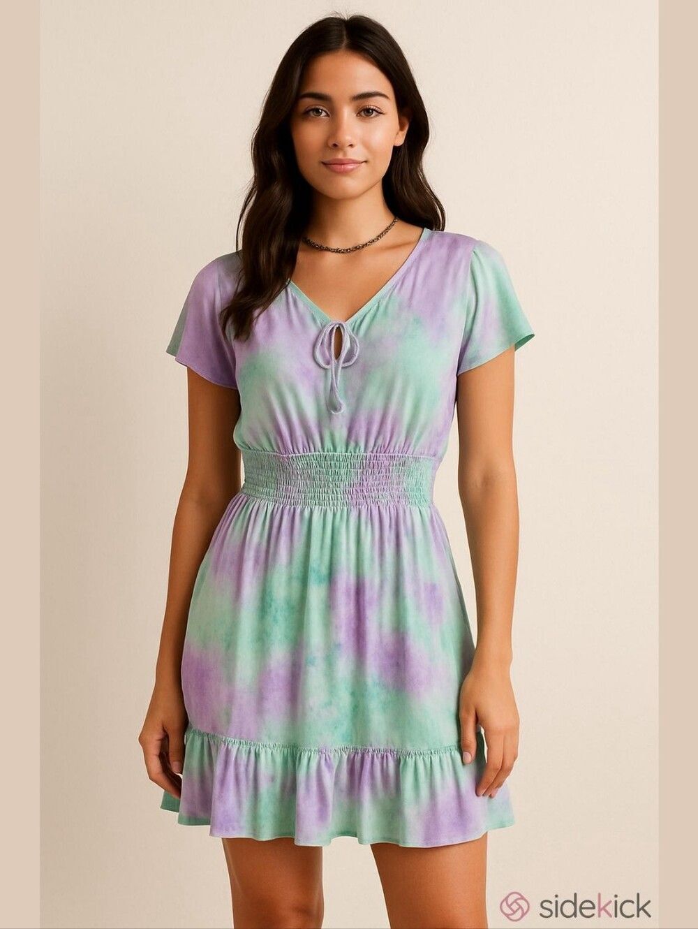 Tie Dye Mod Peasant Dress Ruffle Hem Green & Purple Sz Large88